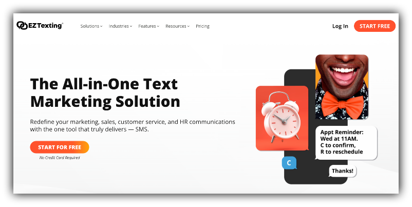 Screenshot of EZ Texting's homepage with headline "The all-in-one text marketing solution"