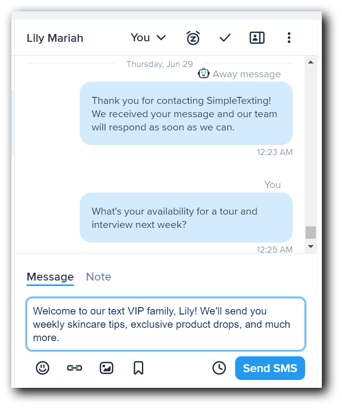 Sending a welcome text message through SimpleTexting’s inbox