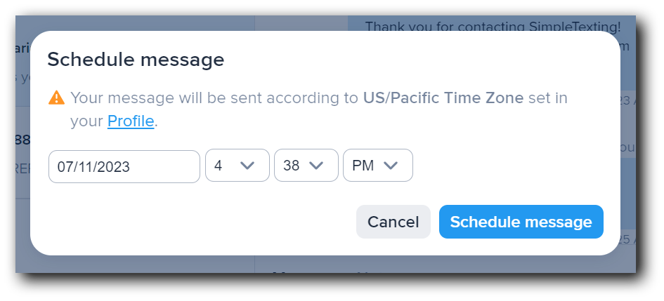 Setting scheduling details for a welcome text message sent from a SimpleTexting inbox