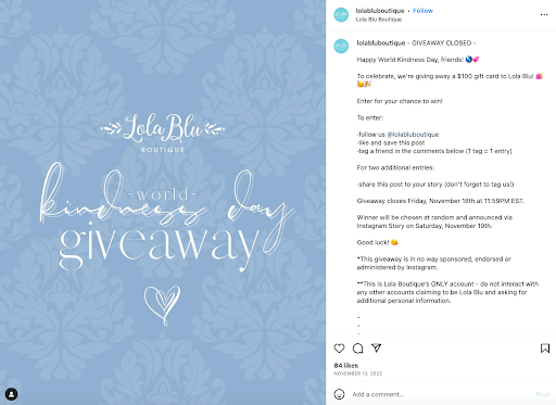 Screenshot of an Instagram post about a gift card giveaway from Lola Blu Boutique