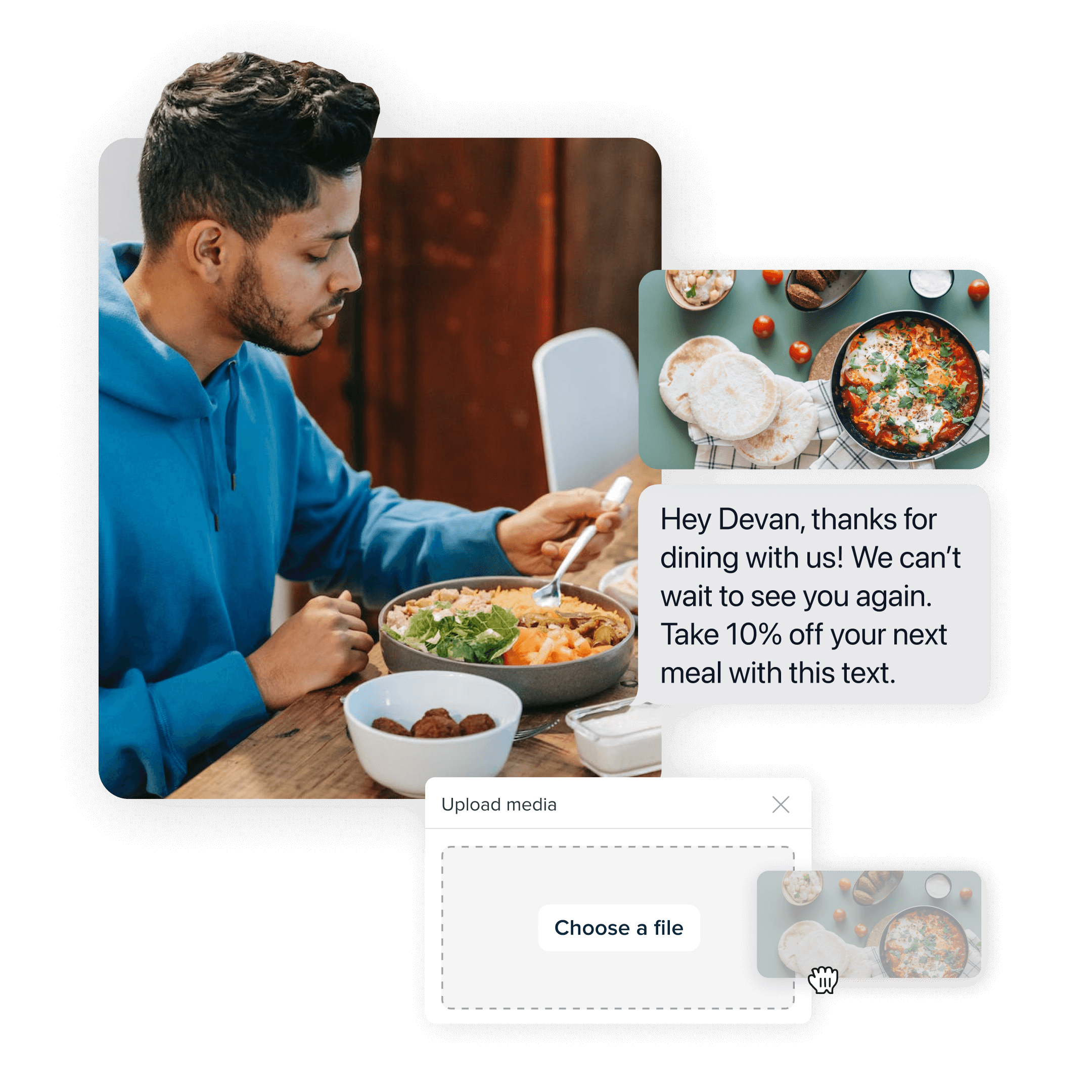 A man is eating at a restaurant, there are UI elements overlaid on top of the photo which show the ability to send a mass text with photos.