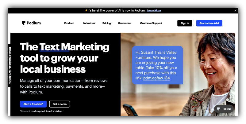 Screenshot of Podium's homepage with headline "The text marketing tool to grow your local business"