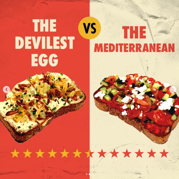graphic showing two types of bruschetta — the devilest egg vs. the mediterranean