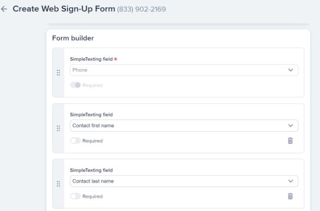 A look at some of the fields you can add to a SimpleTexting web sign-up form 