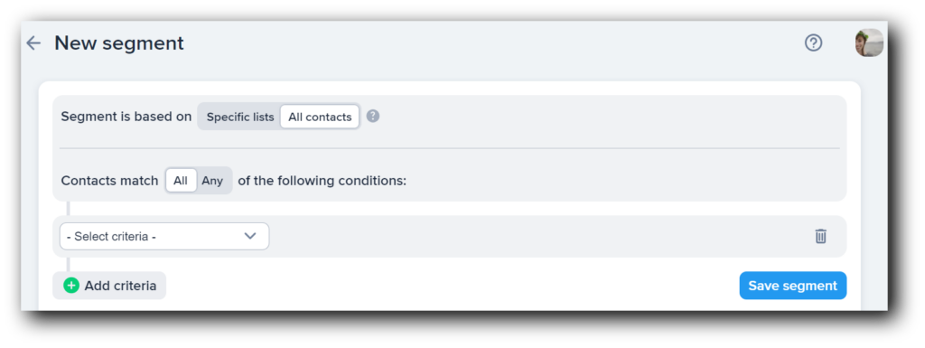 Setting up the criteria for a contact segment in SimpleTexting’s platform.