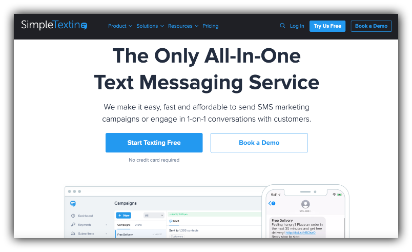 Screenshot of SimpleTexting's home page with headline of "The only all-in-one text messaging service" and subheading "We make it easy, fast, and affordable to send SMS marketing campaigns or engage in 1-on-1 conversations with customers."