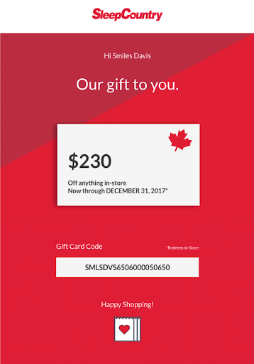 Screenshot of a gift card email from Sleep Country that encourages shoppers to go into the store to redeem the offer