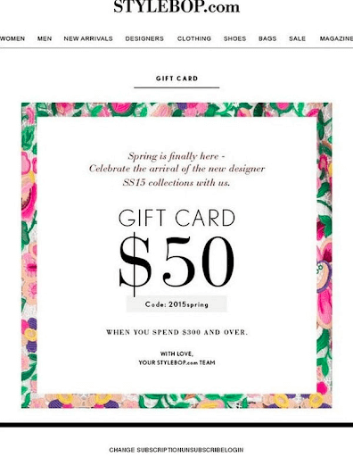Screenshot of an email from Style Bop offering a gift card