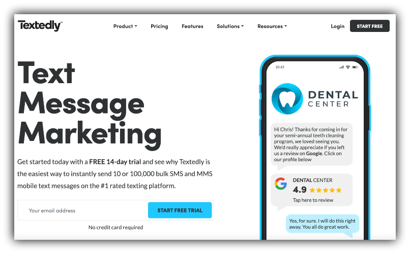 Screenshot of Textedly's homepage with headline "Text message marketing"