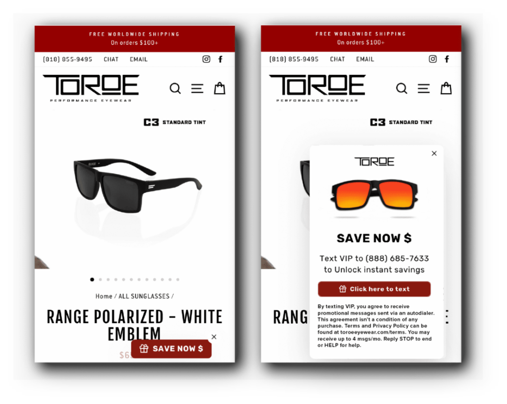 Toroe Eyewear's mobile sign-up widget 