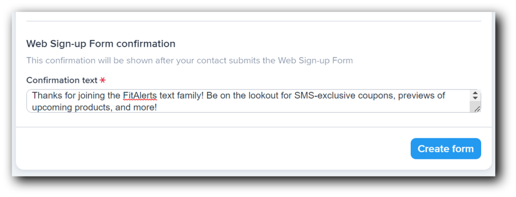 A web form auto-confirmation text in SimpleTexting’s software