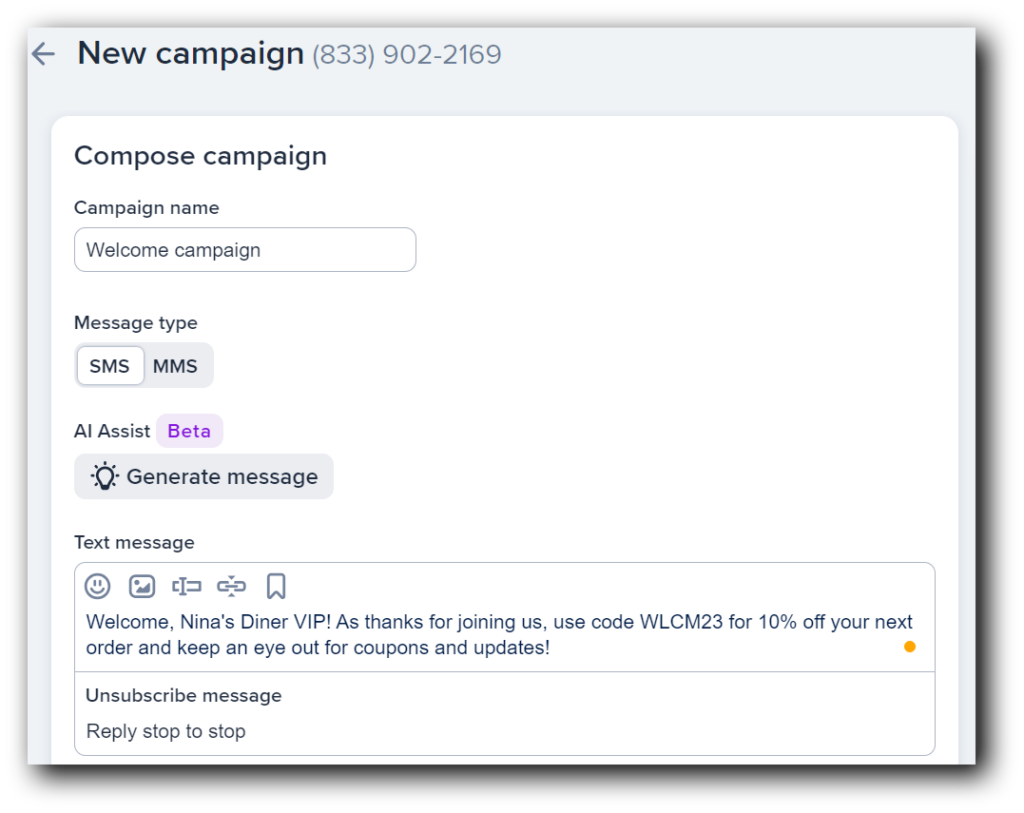 The campaign welcome text creation process in SimpleTexting