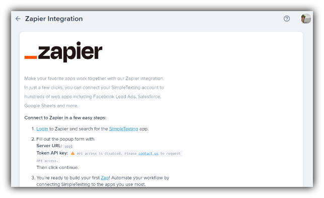 A look at the in-app page that helps SimpleTexting users get started with Zapier.