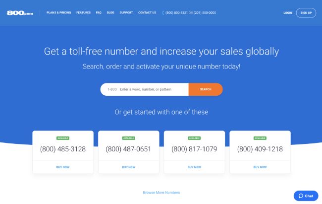 Home page of 800.com service for toll-free numbers