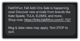 A discount offer text message example from FabFitFun