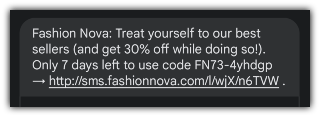 A discount text from Fashion Nova