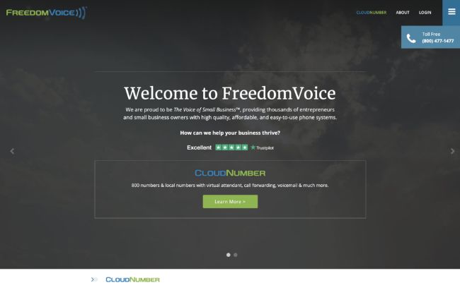 Home page of FreedomVoice service for toll-free numbers