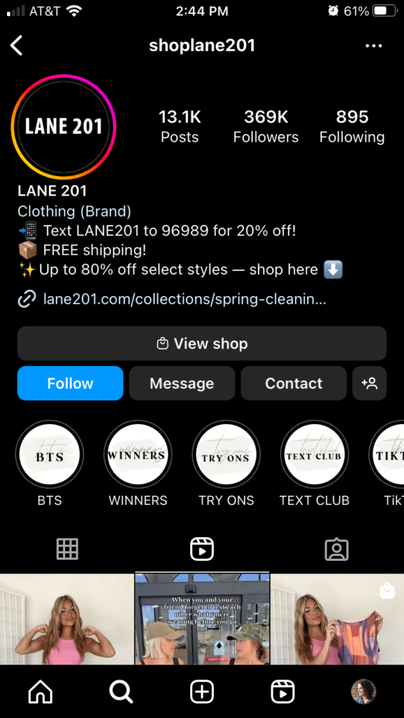 Clothing brand Lane 201's Instagram page where they advertise their SMS keyword