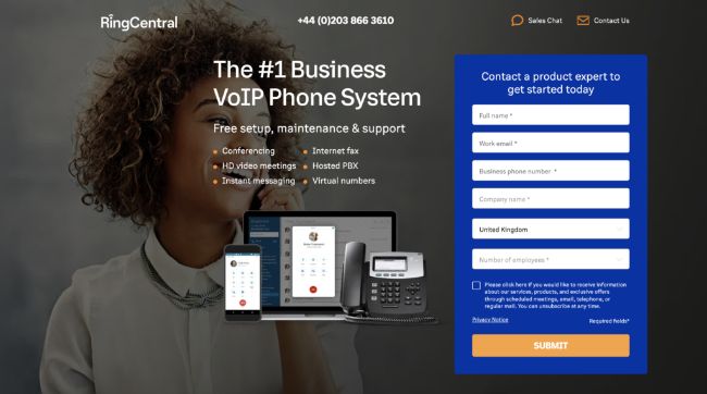 Home page of RingCentral service for toll-free numbers