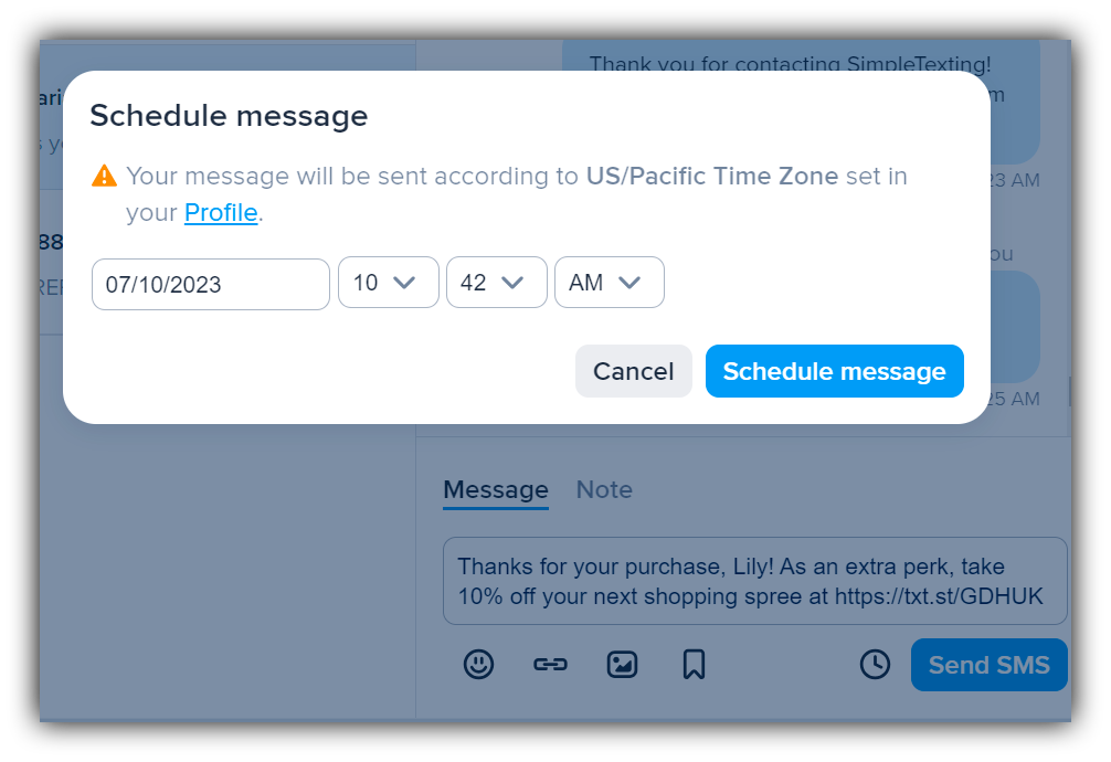 Scheduling a discount offer text message in SimpleTexting’s inbox