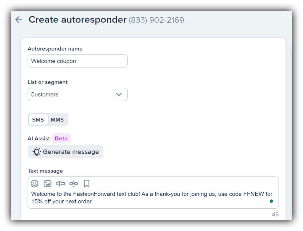 Setting up a discount text message welcome offer autoresponder through SimpleTexting