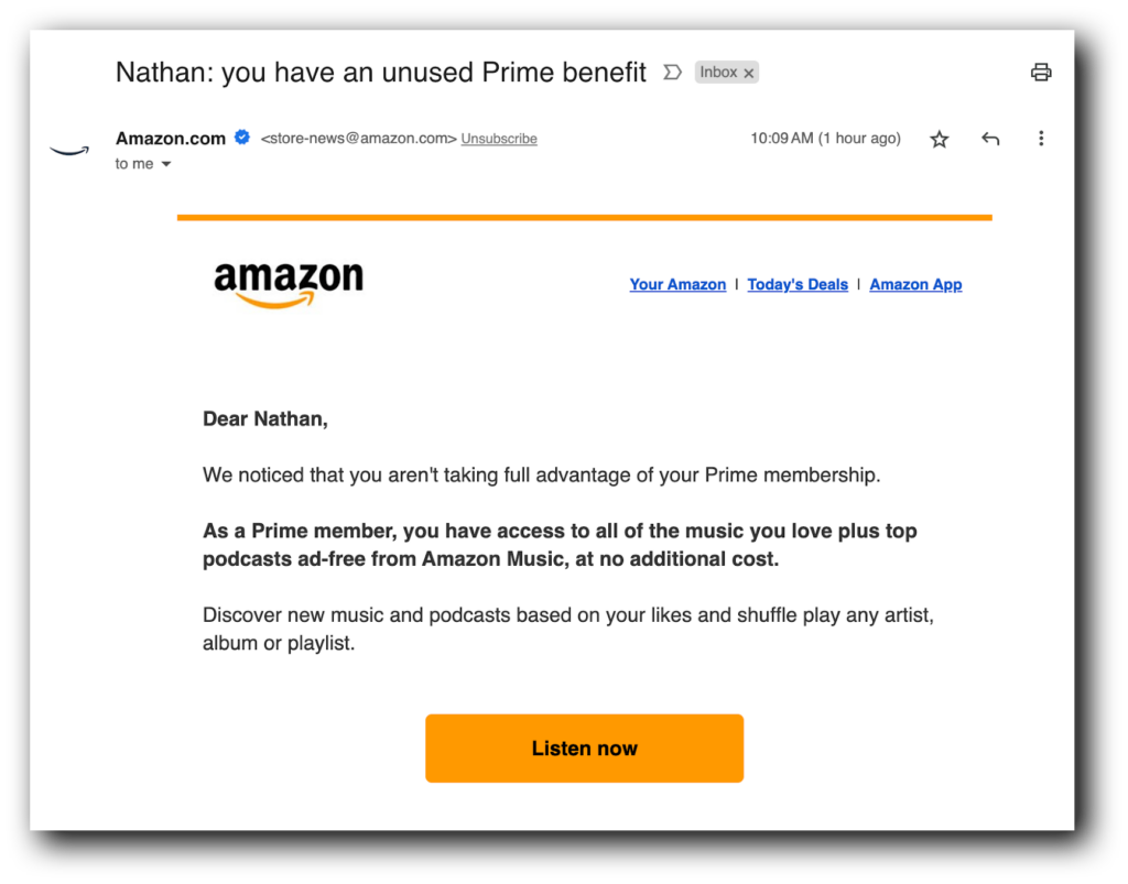 A lead nurturing drip email from Amazon