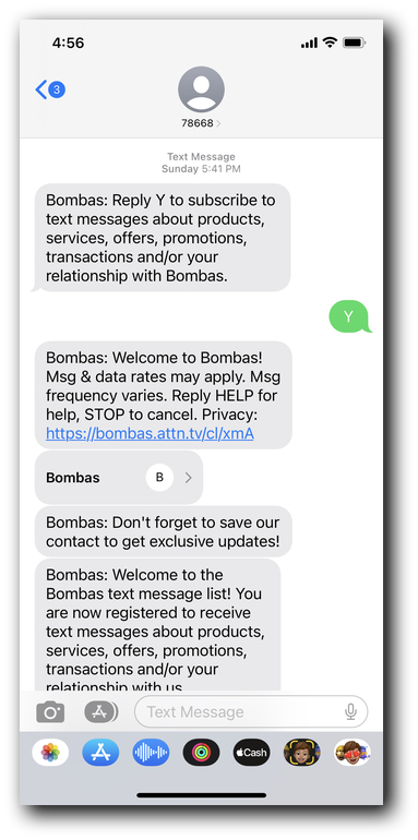 Bombas' welcome messages to new subscribers