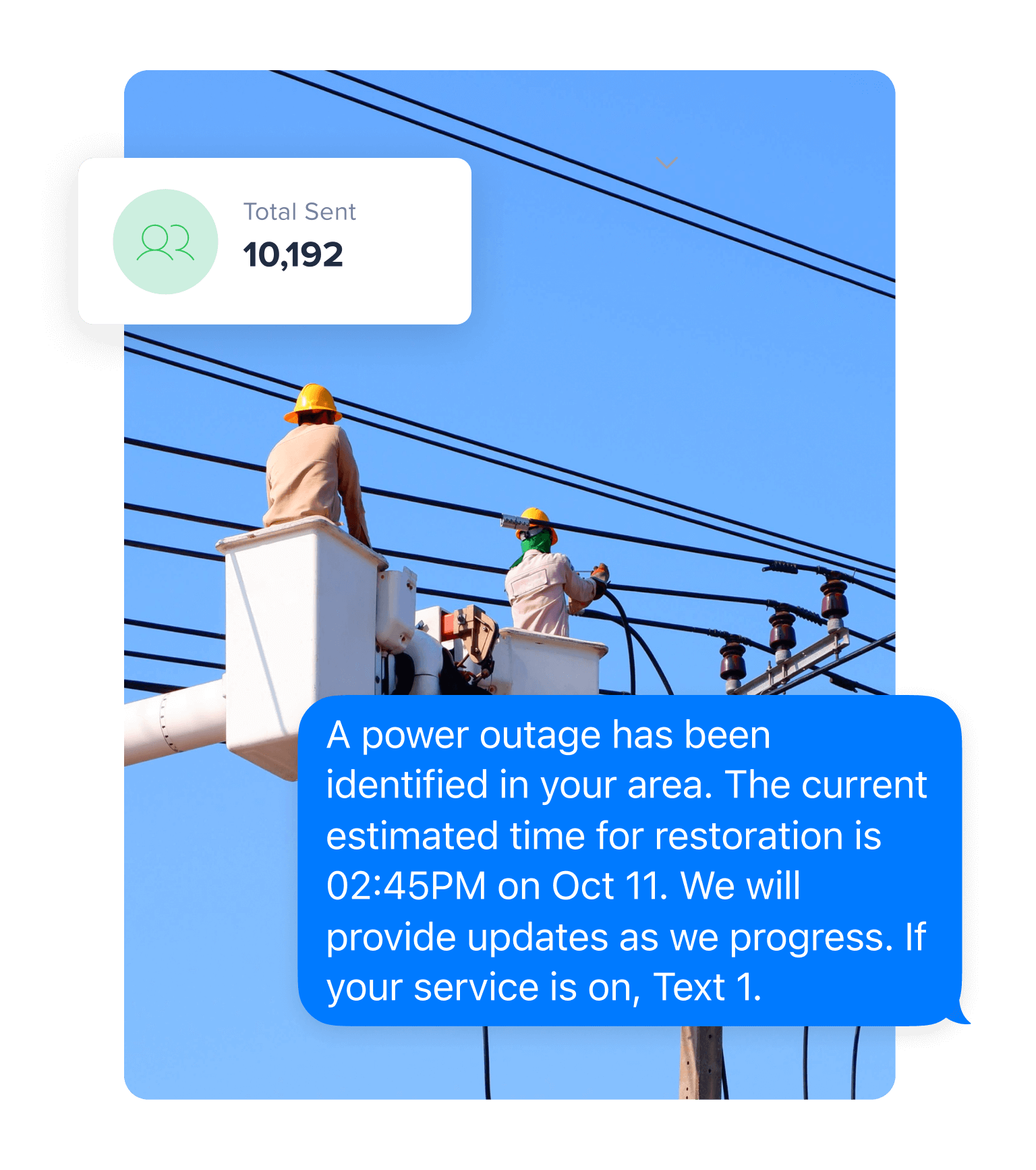 A photo of two utility technicians working. A message sits on top of the photo that has been sent from an emergency text alert system. It reads, 