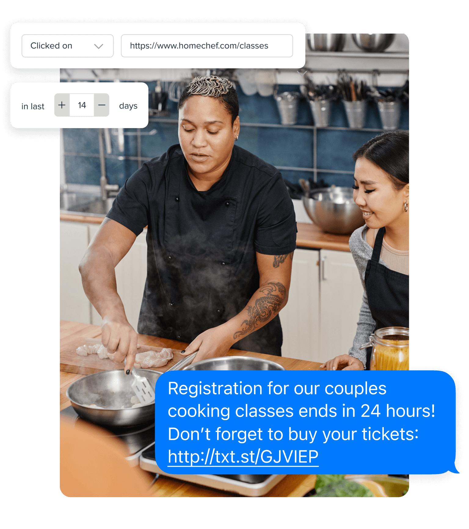 A collage with pieces of the SimpleTexting's text marketing service UI. There is a photo of a cooking class. A text has been sent to a segment of people who clicked on a link for classes. The text reads, 