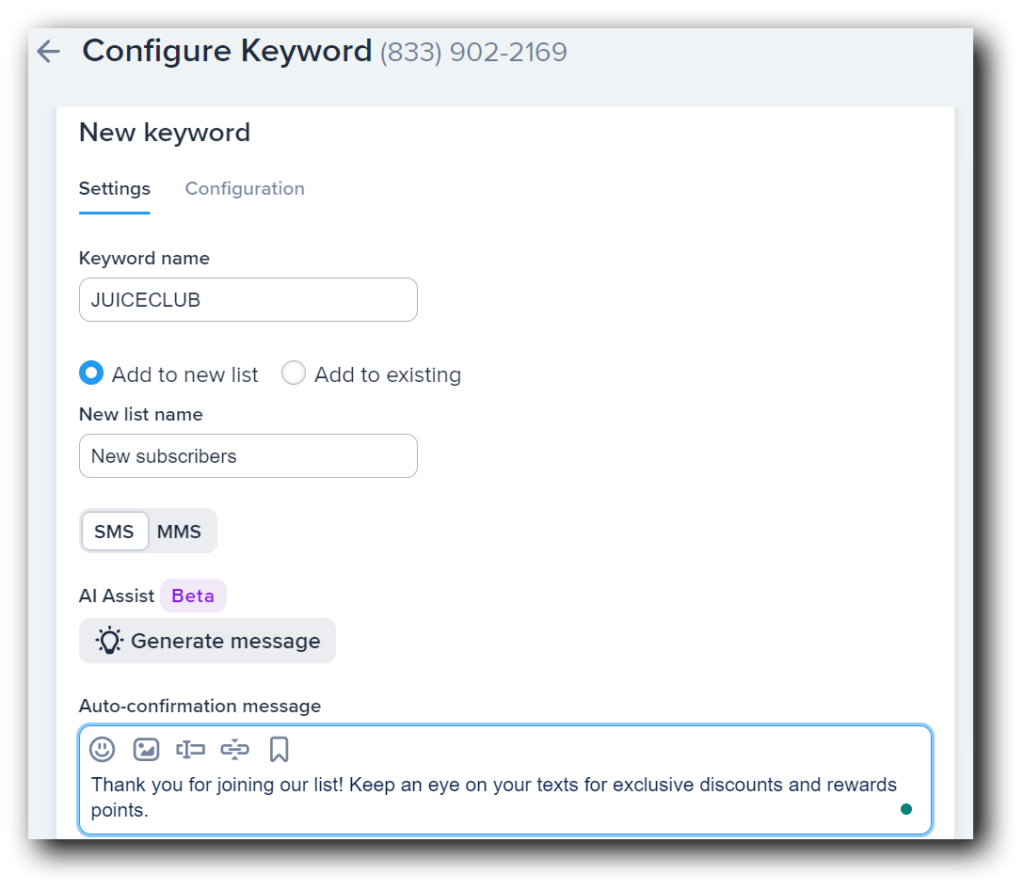 Setting up a keyword auto-confirmation message