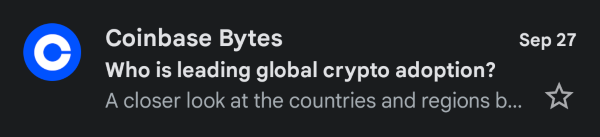 Coinbase Bytes informative email subject line screenshot