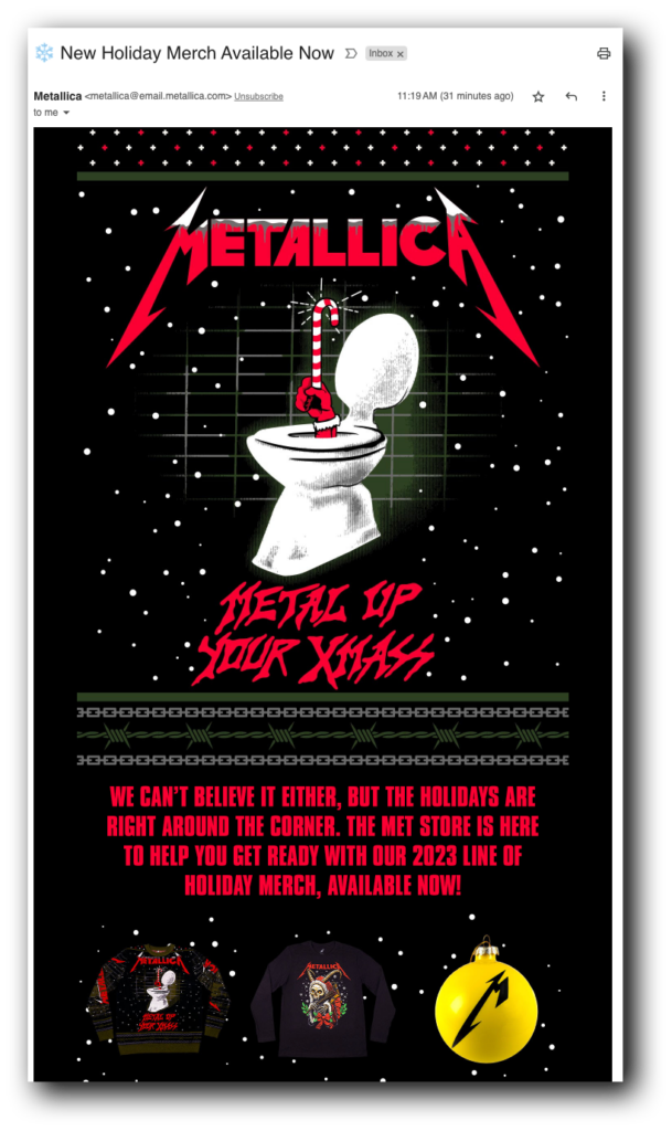 Metallica's holiday merch drip email