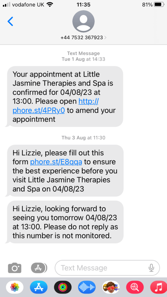salon text message appointment reminder example