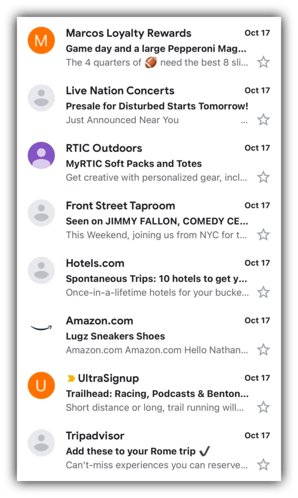 Screenshot of promotional email subject lines from Gmail inbox