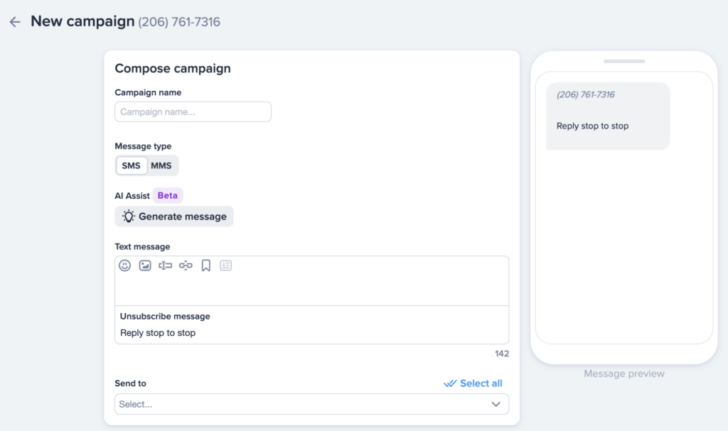 screenshot of creating a new campaign in simpletexting 
