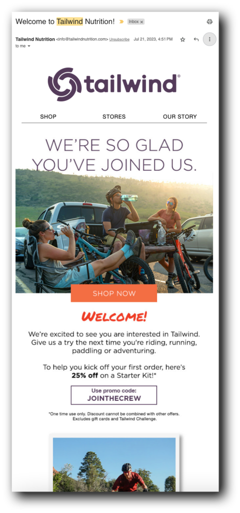 An email in Tailwind Nutrition's welcome email drip campaign