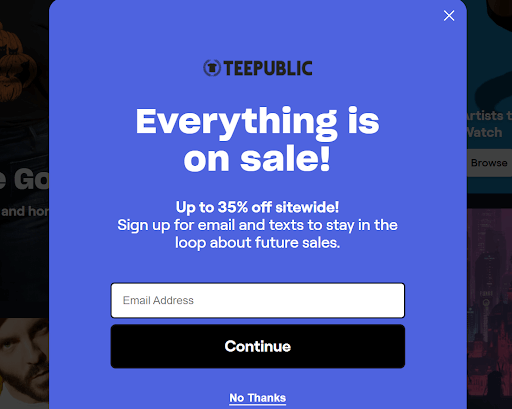 email capture popup example from teepublic