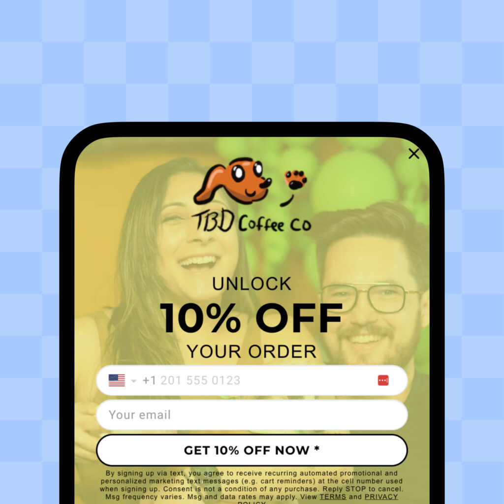 Popup on TBD Coffee Co website asking visitors to subscribe to their text list to get 10% off their first order
