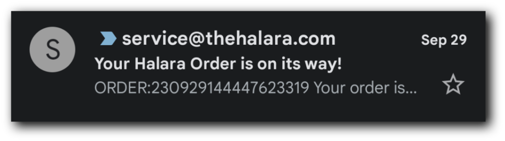 An order update email from Halara