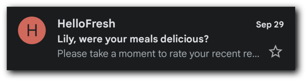 A review request email from HelloFresh