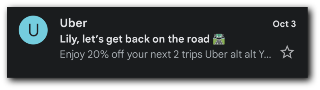 A re-engagement email from Uber