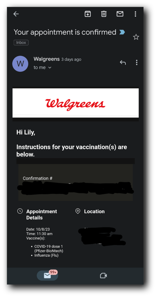 An appointment confirmation email from Walgreens