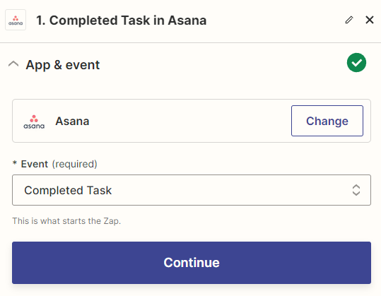 A Zapier trigger for Asana with the event being a completed task.