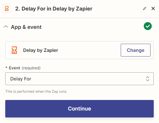A Zap step for Delay by Zapier, which delays the action after it.