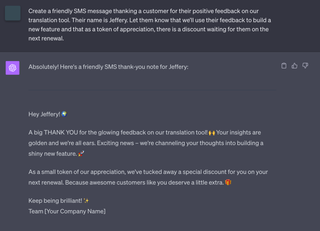AI prompt for writing a thank you message to a customer who wrote positive feedback