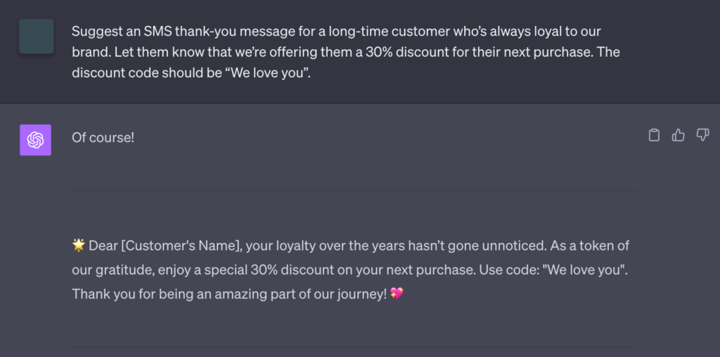 AI prompt for writing a thank you message for a long time customer
