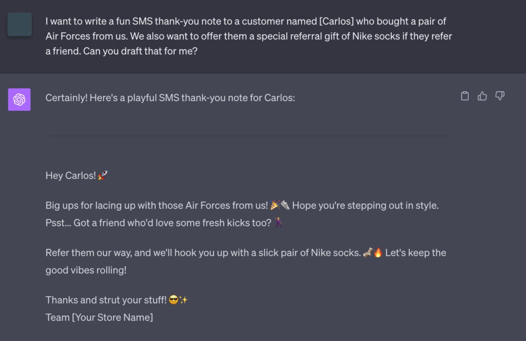 AI prompt for writing a thank you message after a customer makes a purchase. The prompt asks for the message to tell them they can refer a friend for a special gift