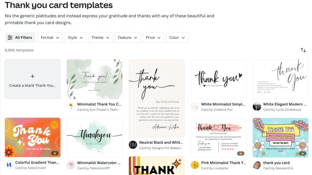 Collection of thank you card templates on canva.com