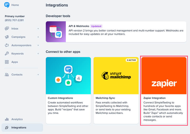 Zapier application in SimpleTexting's SMS platform