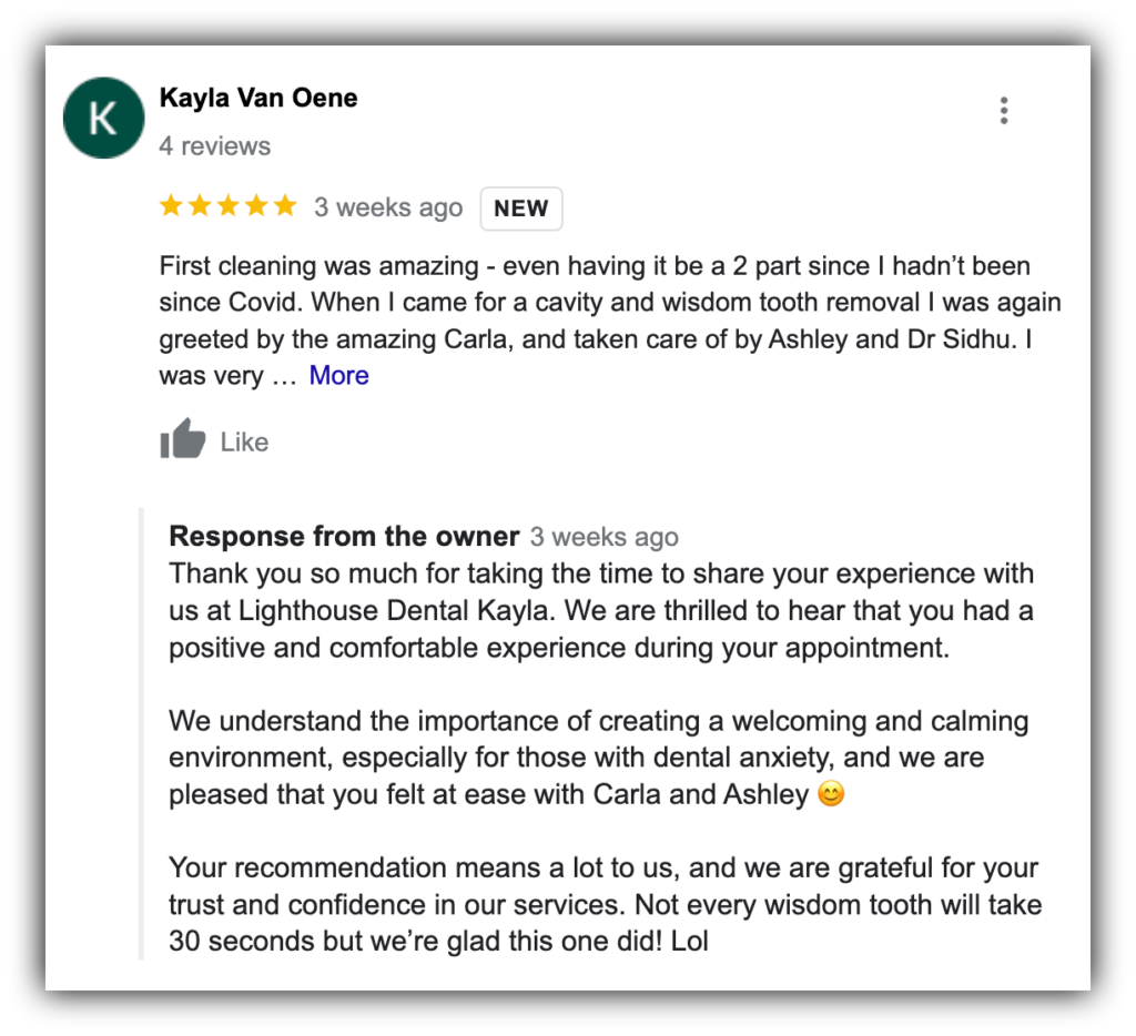 Lighthouse Dental Care response to a review